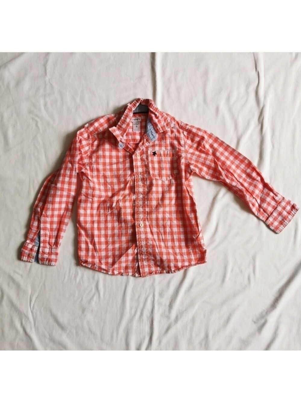Boys Plaid Orange and White button collared shirt
